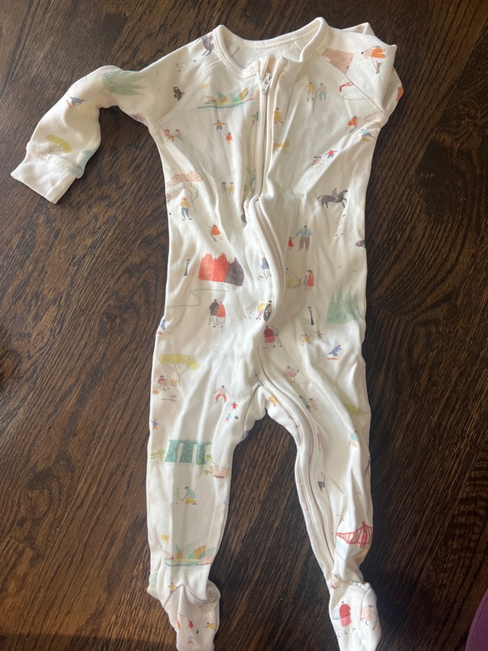 Cream Kids Footed One-Piece Pajamas with Scenic Print